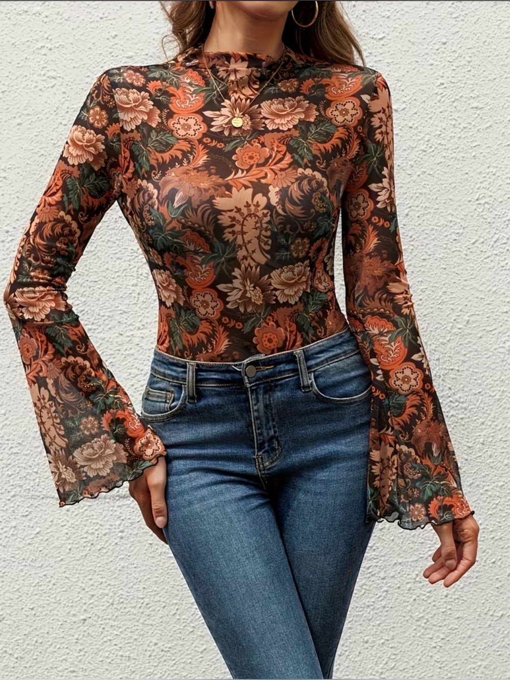 Floral Mesh Bell-Sleeve Long Sleeve Top - Rust Multi